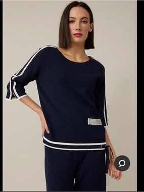 Joseph Ribkoff Blue Rhinestone Top Nautical Sz- L Resortwear Preppy Yacht Cruise